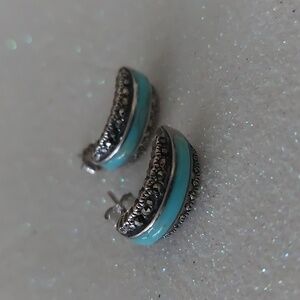 Half Circle Vintage Sterling Silver Earring With Turquoise and Marcasite Accents